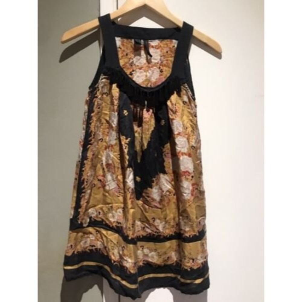 EUC Mng Collection Pure 100% Silk Tunic Golden Floral Bead Details sz xs